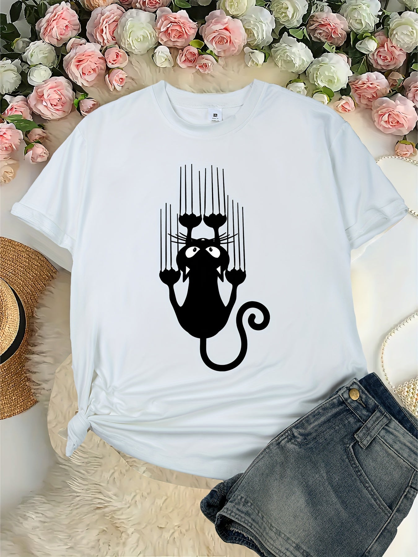 Plus Size Women's Casual Sports Tee, Breathable & Stretchy Fabric with Cute Cat Print, Round Neck, Machine Washable, Summer, Clearance Deal, Fashion Logo