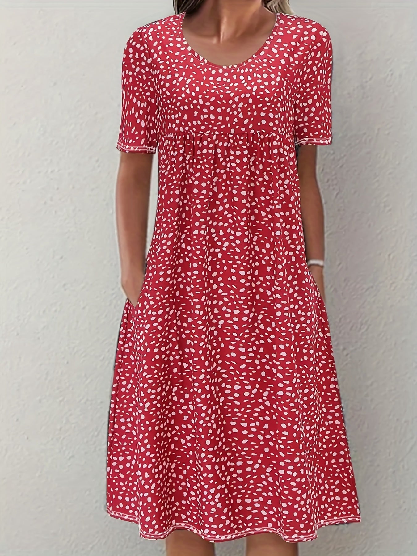 Boho Floral Print Dual Pockets Dress - Casual Crew Neck Short Sleeve - For Women - Perfect for Summer & Casual Occasions - Gift Idea for Fashionable Ladies