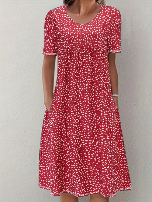 Boho Floral Print Dual Pockets Dress - Casual Crew Neck Short Sleeve - For Women - Perfect for Summer & Casual Occasions - Gift Idea for Fashionable Ladies