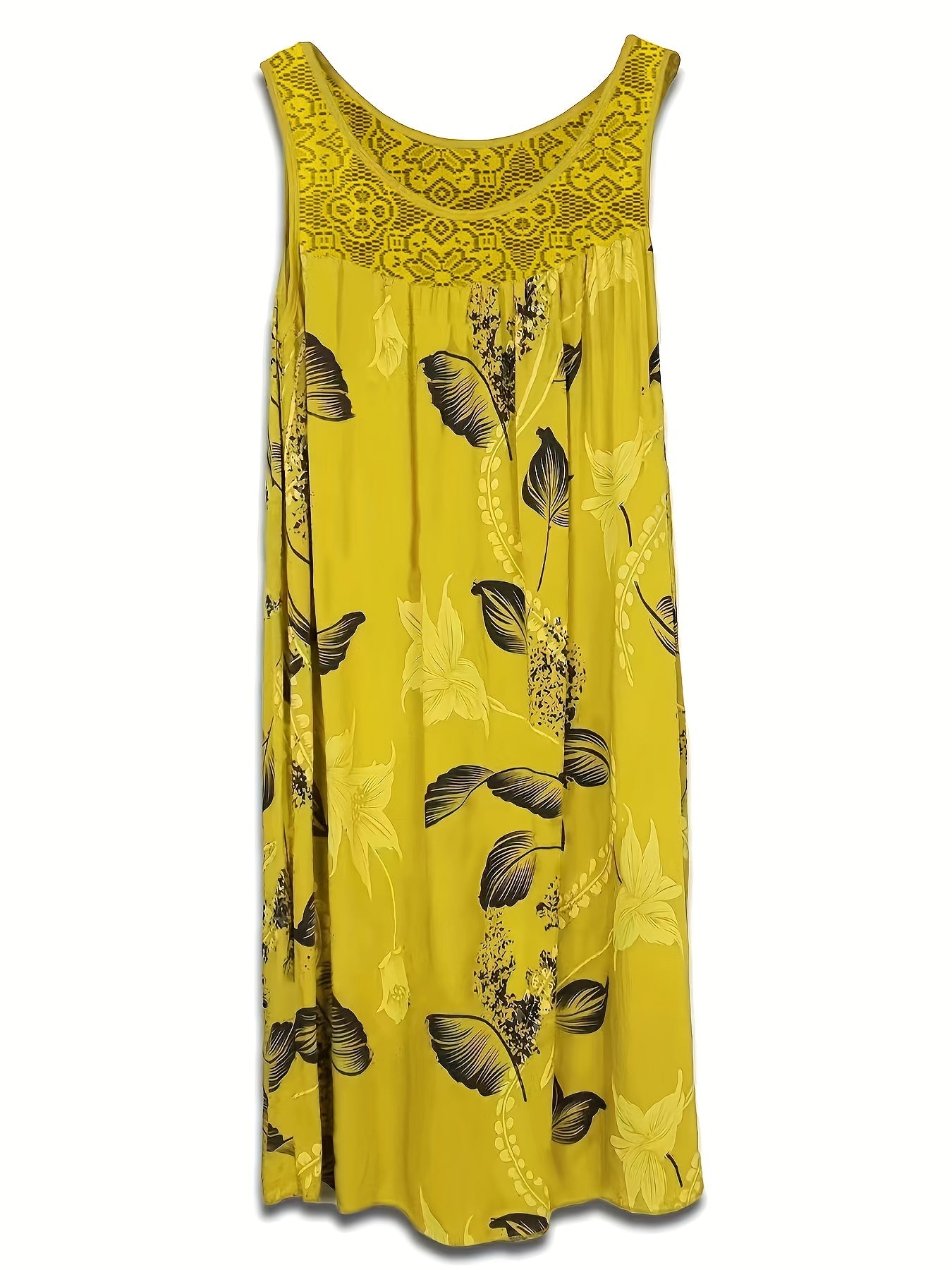 Plus Size Casual Tank Dress, Women'S Plus Floral Print Eyelet Embroidered Round Neck Maxi Tank Dress
